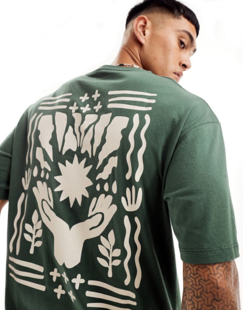 Jack & Jones oversized natures balance back print t-shirt in dark green Jack & Jones