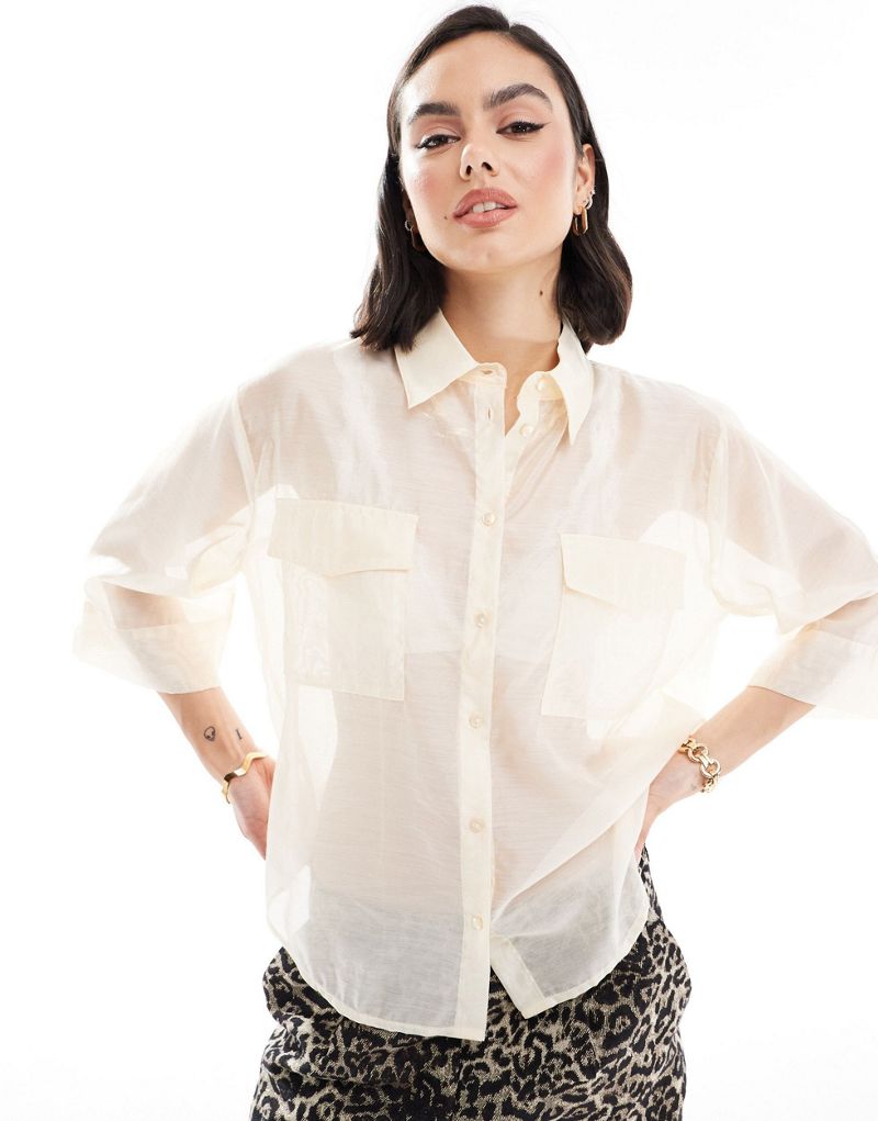 JDY sheer 3/4 length sleeve shirt in cream JDY