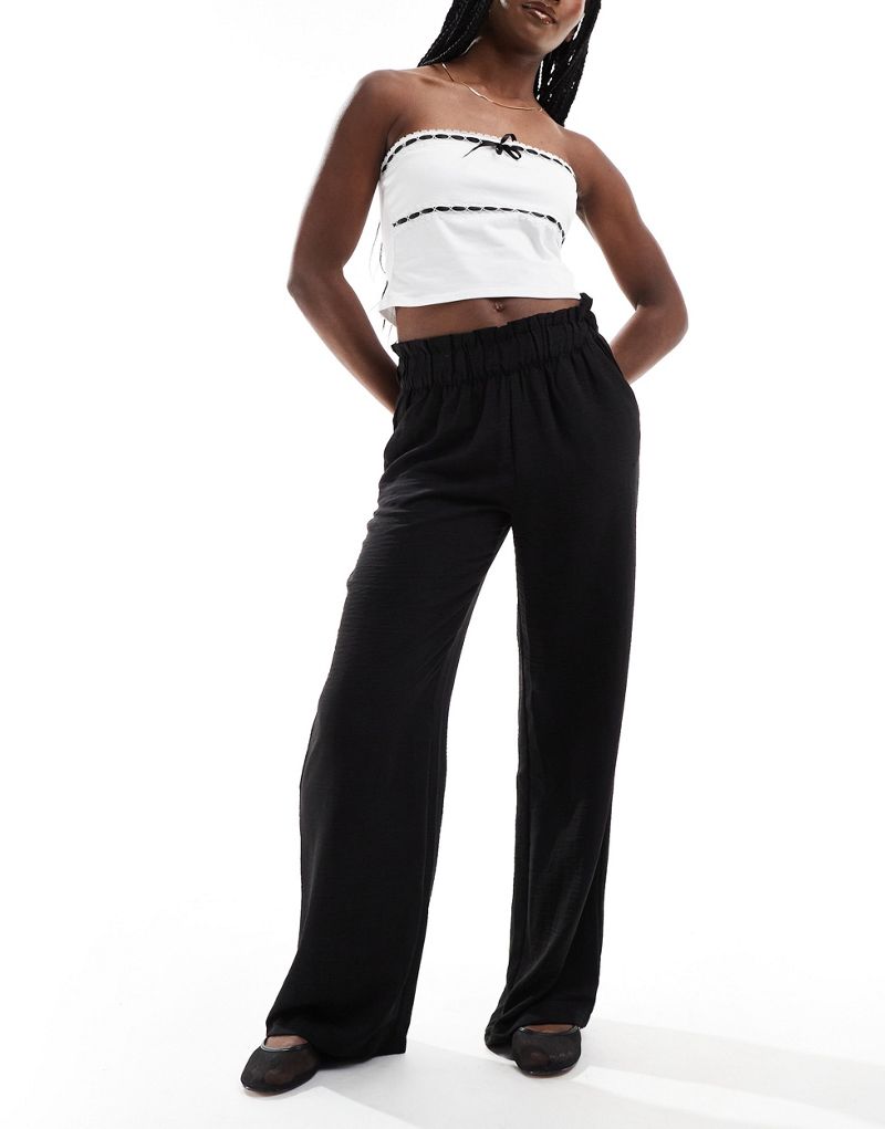 JDY high waisted wide leg pants with frill waistband in black JDY