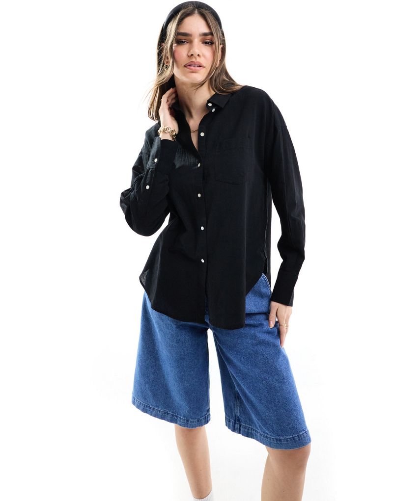 JJXX linen blend long sleeve shirt in black JJXX