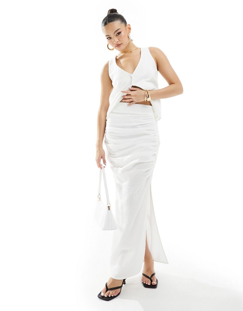Kaiia textured ruched side split maxi skirt in white - part of a set Kaiia