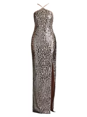 Sequined Crisscross Halter Gown Sho by Tadashi Shoji