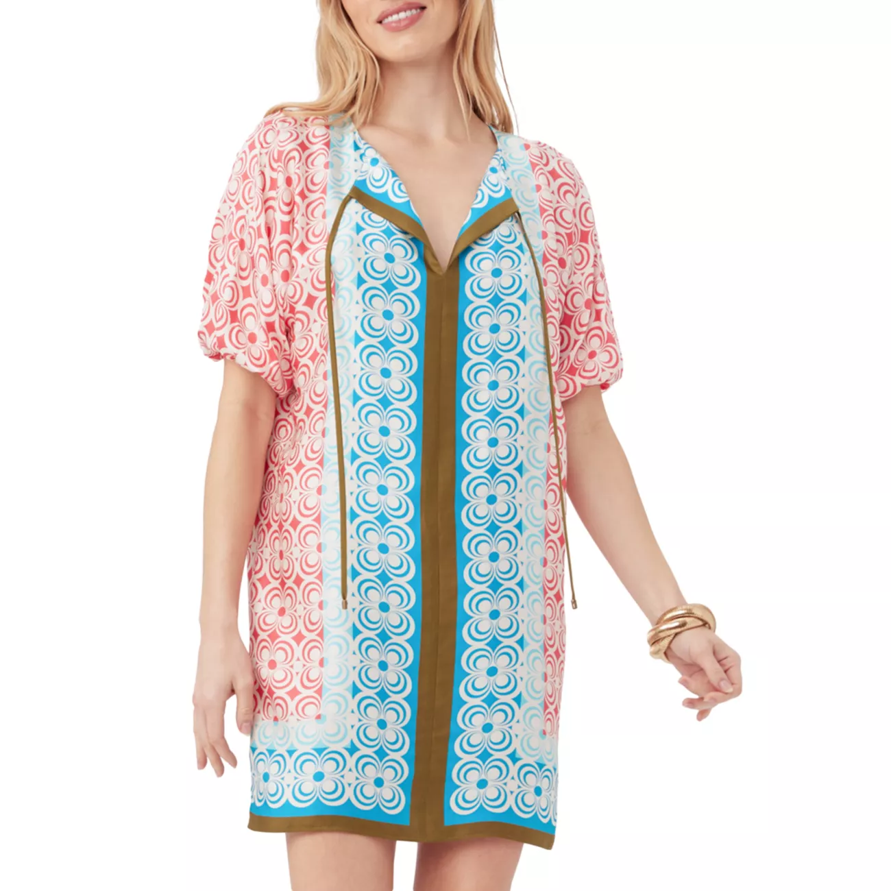 Floria Geometric Puff-Sleeve Minidress Trina Turk