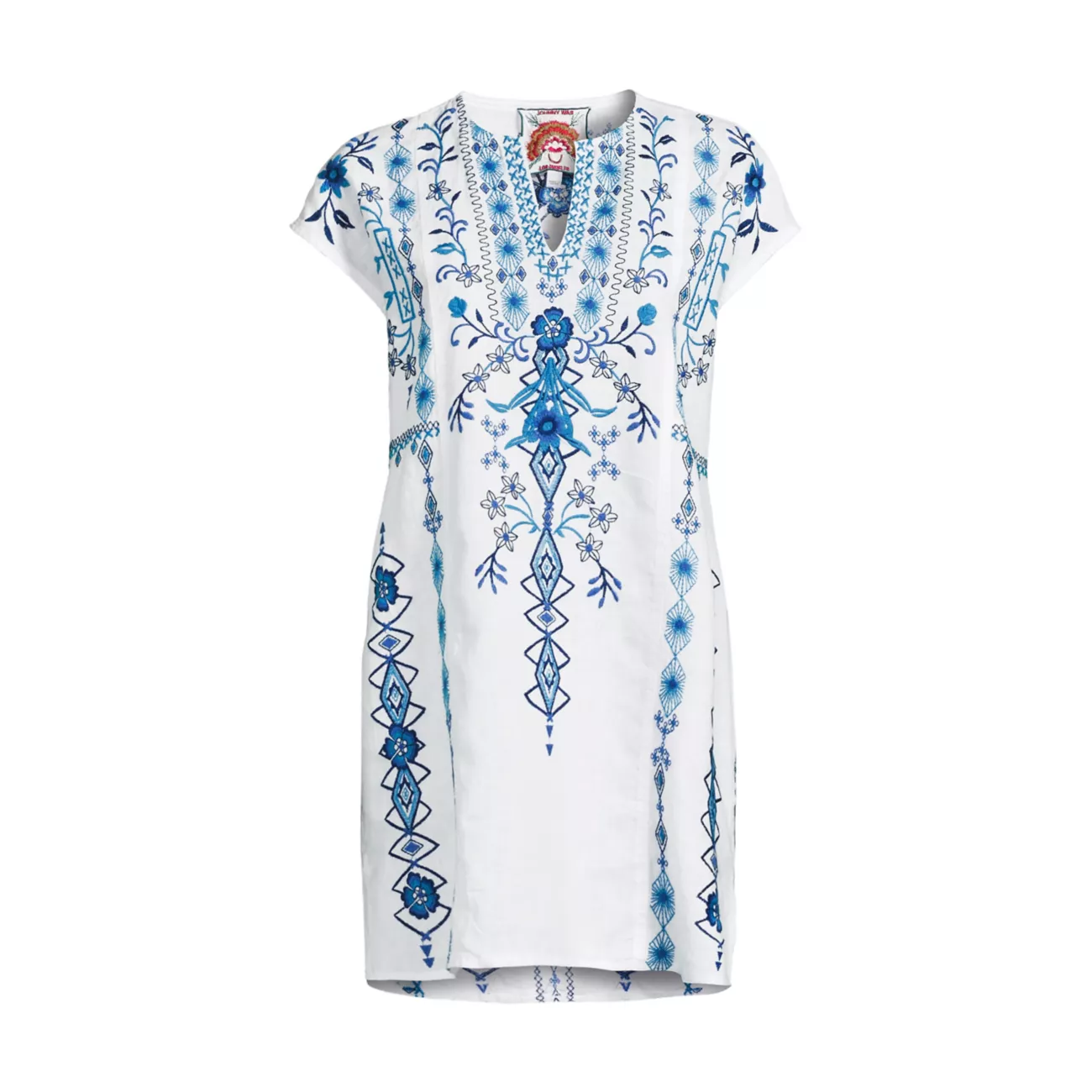 Taria Embroidered Floral Linen-Blend Shift Dress Johnny Was