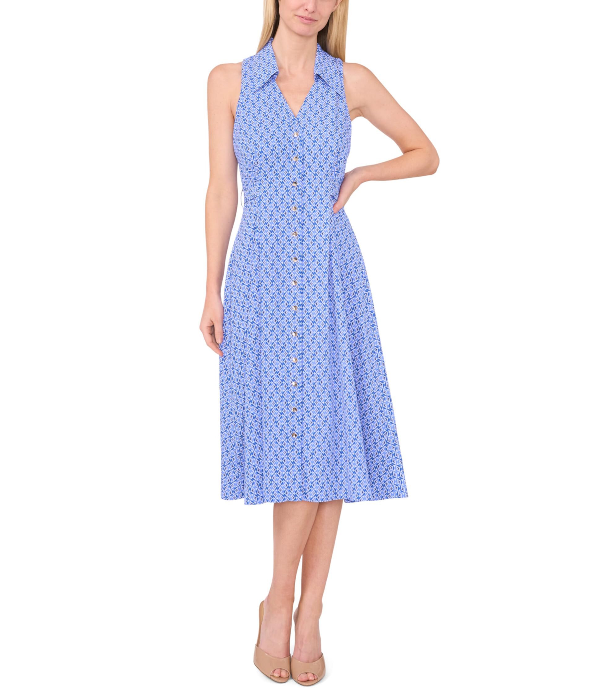 Printed Sleeveless Collared Belted Midi Dress CeCe