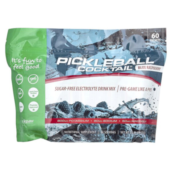 Pickleball Cocktail, Sugar-Free Electrolyte Drink Mix, Blue Raspberry, 60 Packets, 11.85 oz (336 g) Jigsaw Health