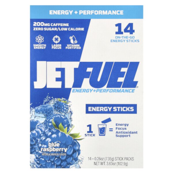JetFuel®, Energy + Performance, Energy Sticks, Blue Raspberry, 14 Stick Packs, 0.26 oz (7.35 g) Each GAT