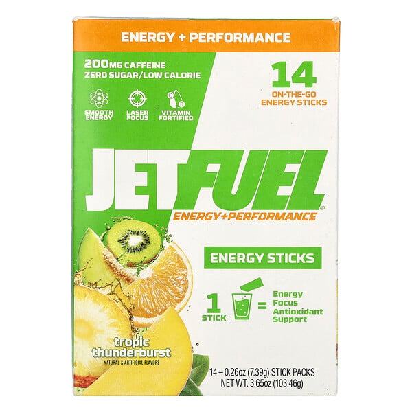 JetFuel®, Energy+Performance, Energy Sticks, Tropic Thunderburst, 14 Stick Packs, 0.26 oz (7.39 g) Each GAT