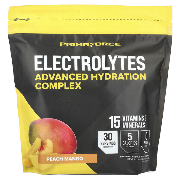 Electrolytes, Advanced Hydration Complex, Peach Mango, 30 Packets, 0.21 oz (5.9 g) Each Primaforce
