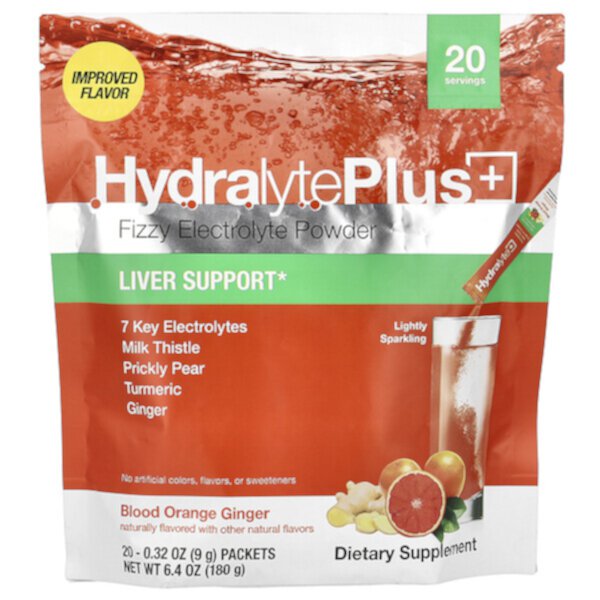 Hydralyte Plus+, Fizzy Electrolyte Powder, Blood Orange Ginger, 20 Packets, 0.32 oz (9 g) Each Hydralyte