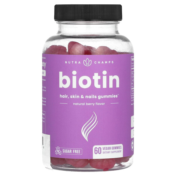 Biotin, Hair, Skin & Nails Gummies, Sugar Free, Natural Berry, 60 Vegan Gummies NutraChamps