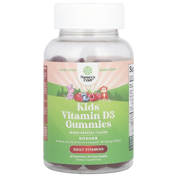 Kids Vitamin D3 Gummies, Mixed Berries, 25 mcg (1,000 IU), 60 Gummies Nature's Craft