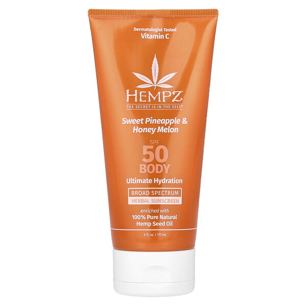 Herbal Body Sunscreen, SPF 50, Sweet Pineapple & Honey Melon, 6 fl oz (177 ml) Hempz