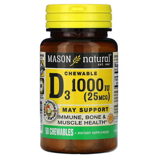 Vitamin D3, Peach & Vanilla, 25 mcg (1,000 IU), 50 Chewables Mason Natural