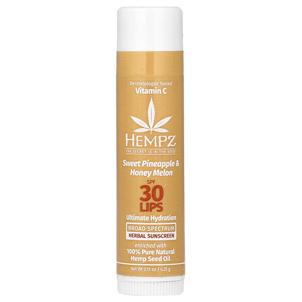 Herbal Lip Sunscreen, SPF 30, Sweet Pineapple & Honey Melon, 0.15 oz (4.25 g) Hempz