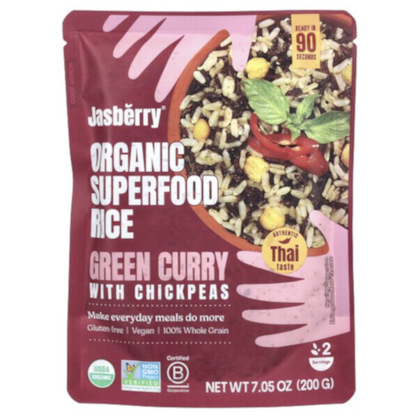 Organic Superfood Rice, Green Curry with Chickpeas, 7.05 oz (200 g) Jasberry