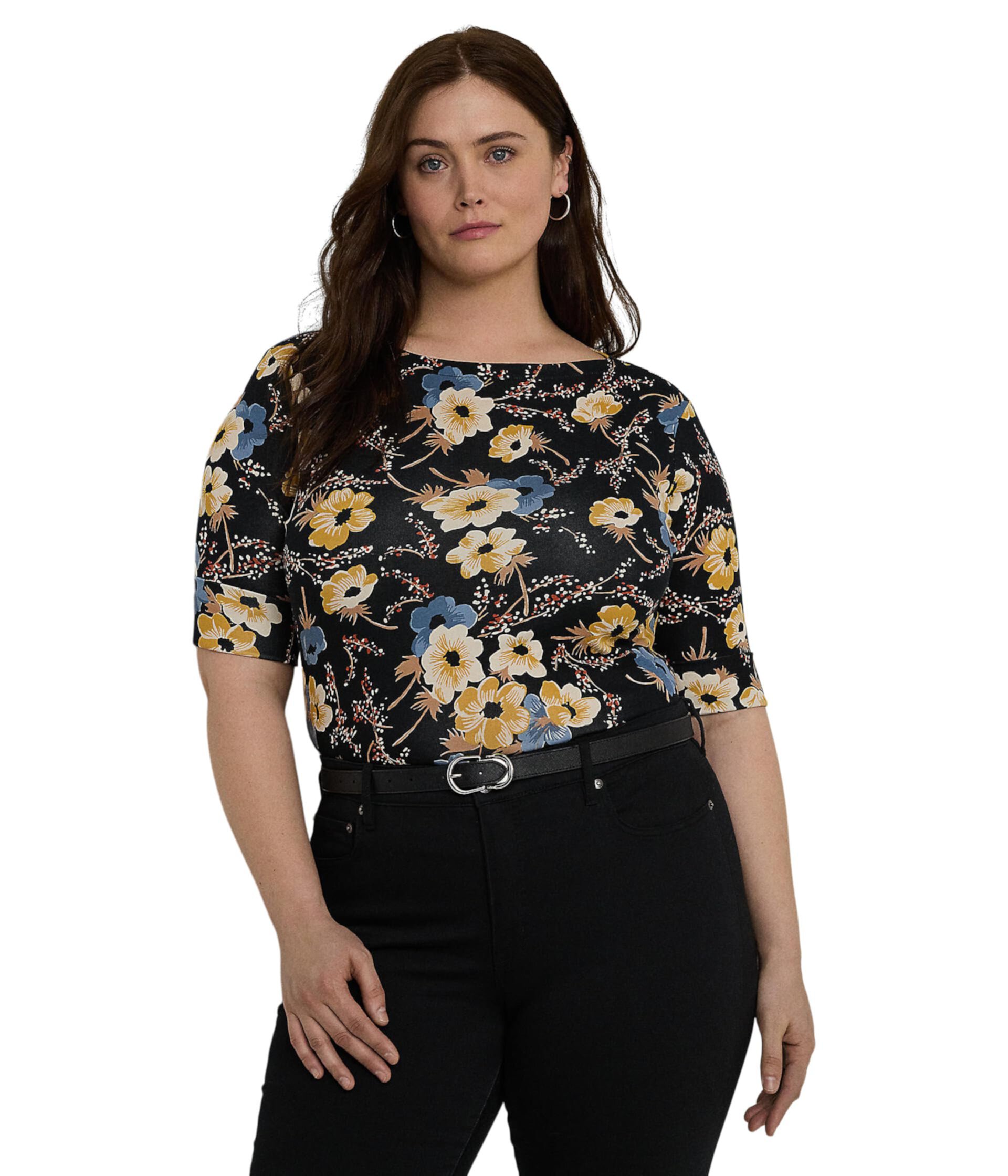 Женская Футболка LAUREN Ralph Lauren Plus Size Floral Stretch Cotton Boatneck LAUREN Ralph Lauren