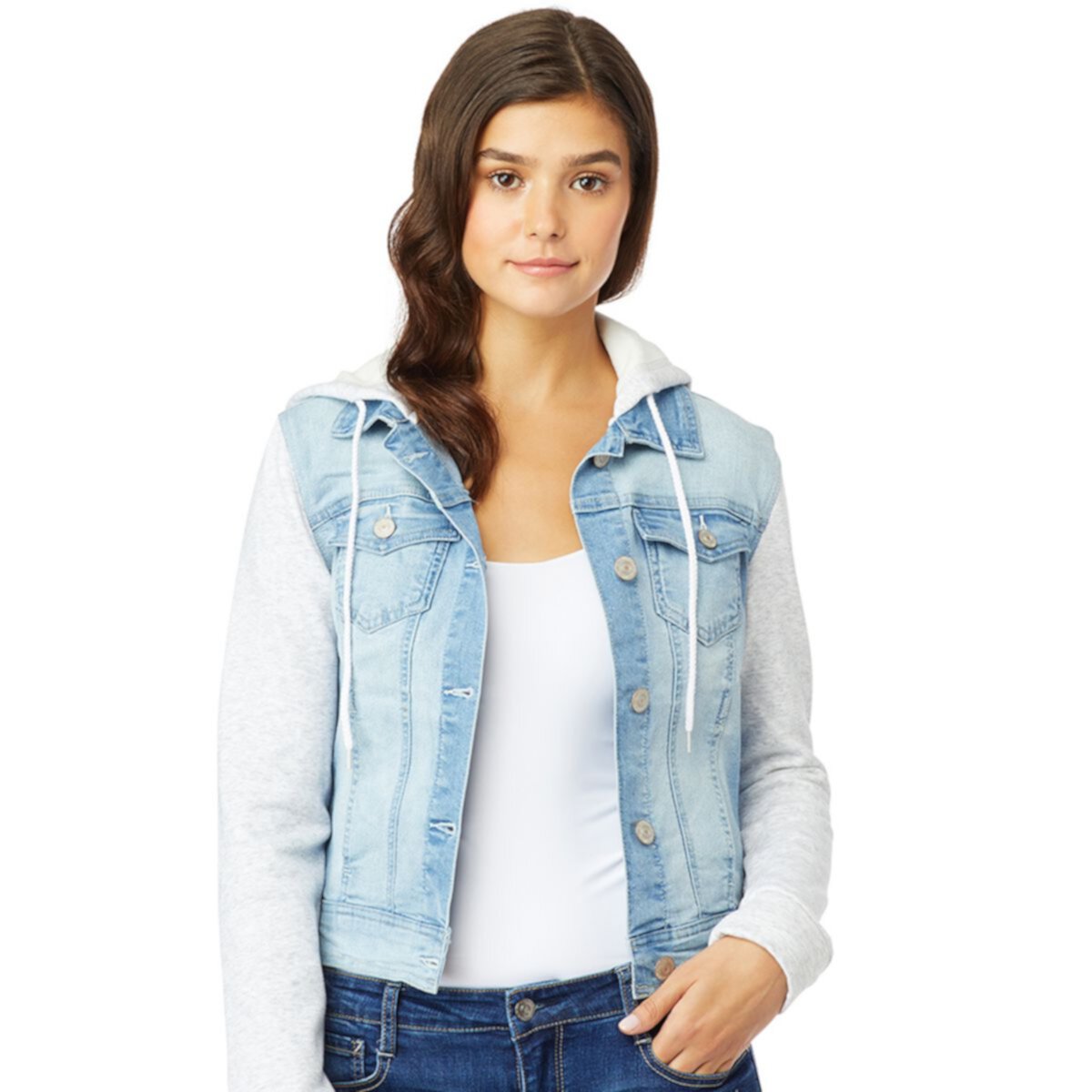 Juniors' Wallflower Dreamer Knit-Sleeve Hooded Jean Jacket WallFlower