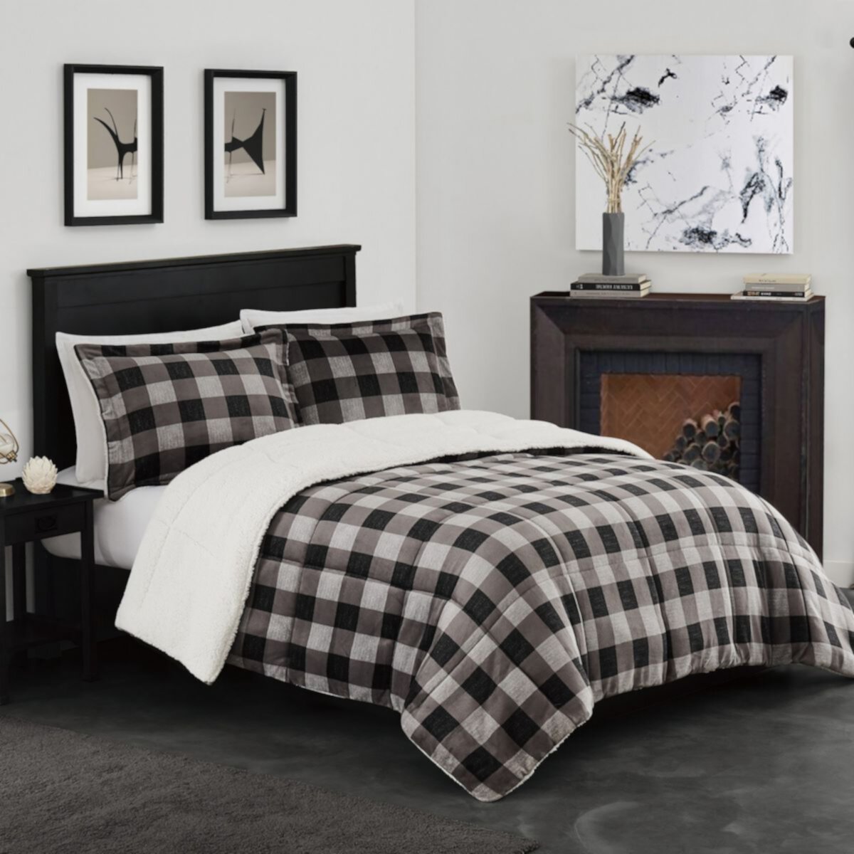 London Fog Buffalo Check Black, White, & Gray Comforter Set with Sham London Fog