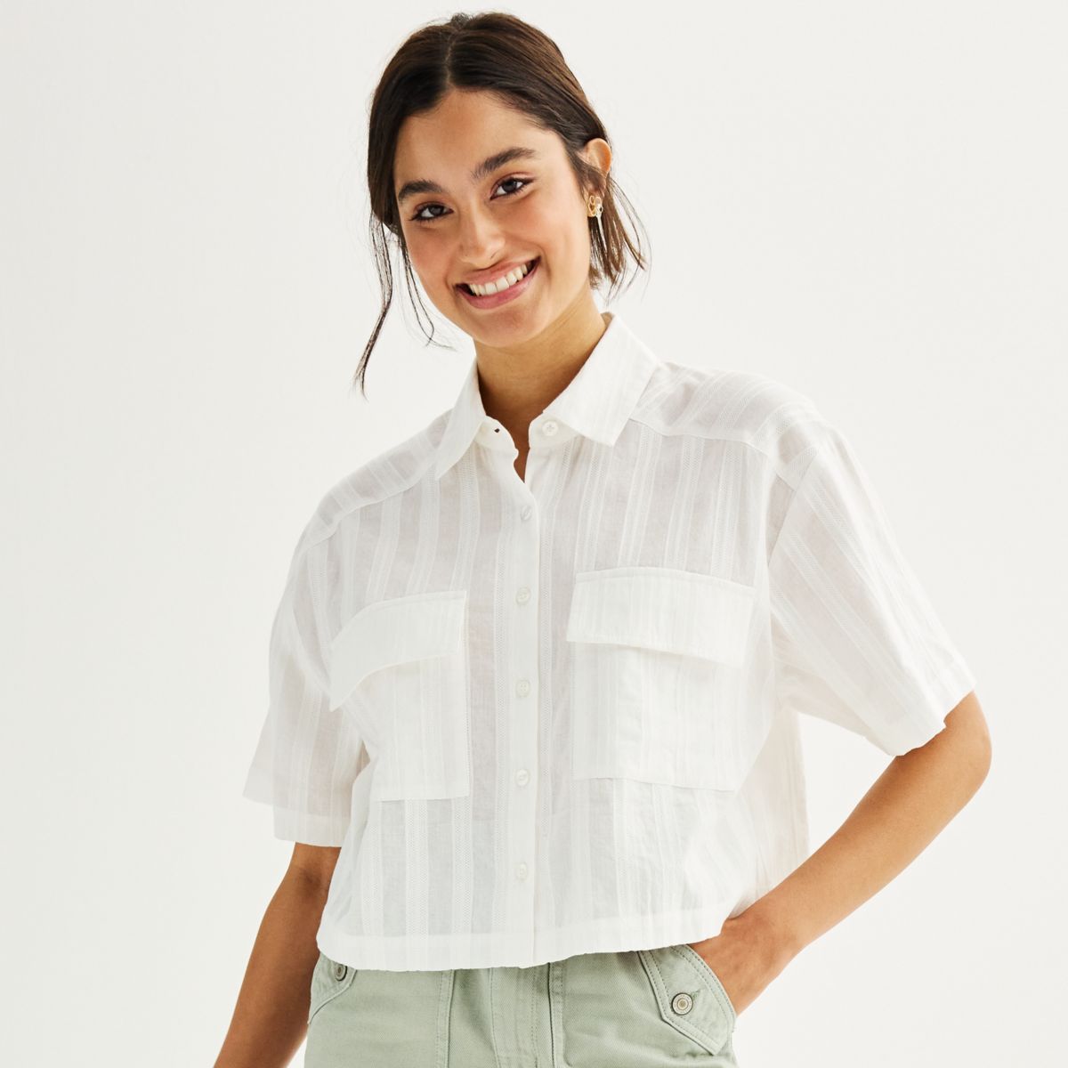 Juniors' Dizzy Lizzy Short Sleeve Button Front Camp Shirt Dizzy Lizzy