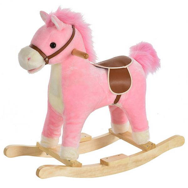 Rocking Horse Plush Animal On Wooden Rockers With Sounds, Wooden Base, Pink Qaba