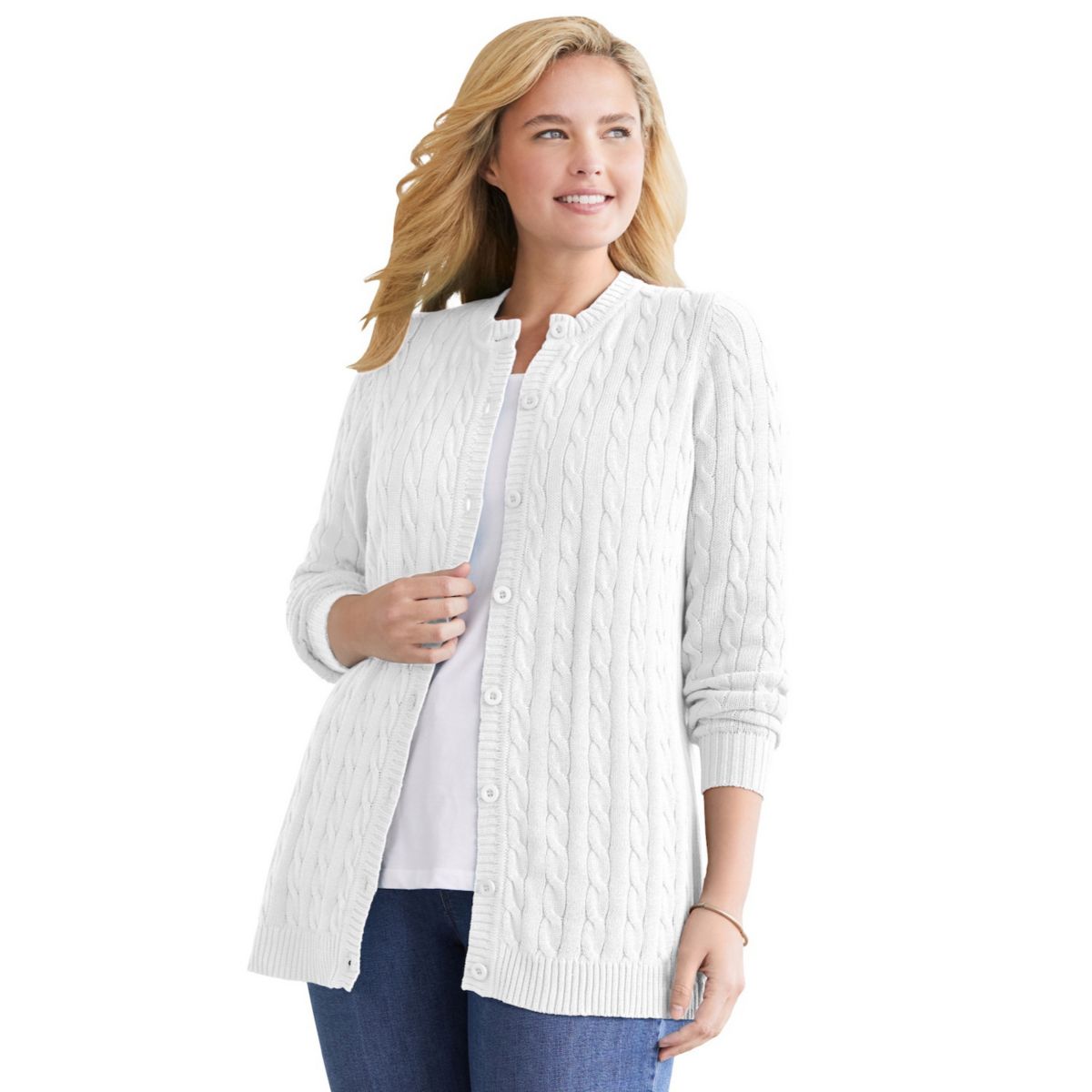 Woman Within Women's Plus Size Cotton Cable Knit Cardigan Sweater Woman Within