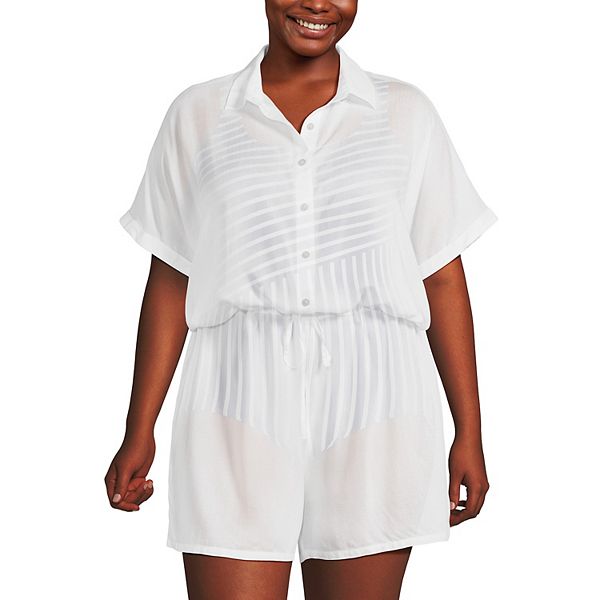 Женское Пляжное Платье и Туника Lands' End Relaxed Short Sleeve Button Front Swim Cover-Up Romper Lands' End