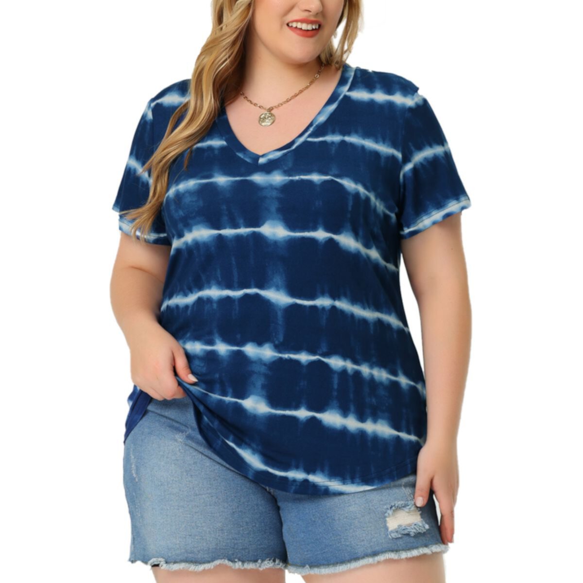 Women's Plus Size T-shirts Casual V Neck Short Sleeve Loose Tie Dye Summer Tunic Tops Agnes Orinda