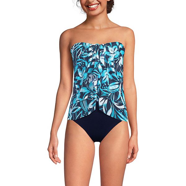 Women's Lands' End Printed Mesh Bandeau Fauxkini High Leg One-Piece Swimsuit Lands' End