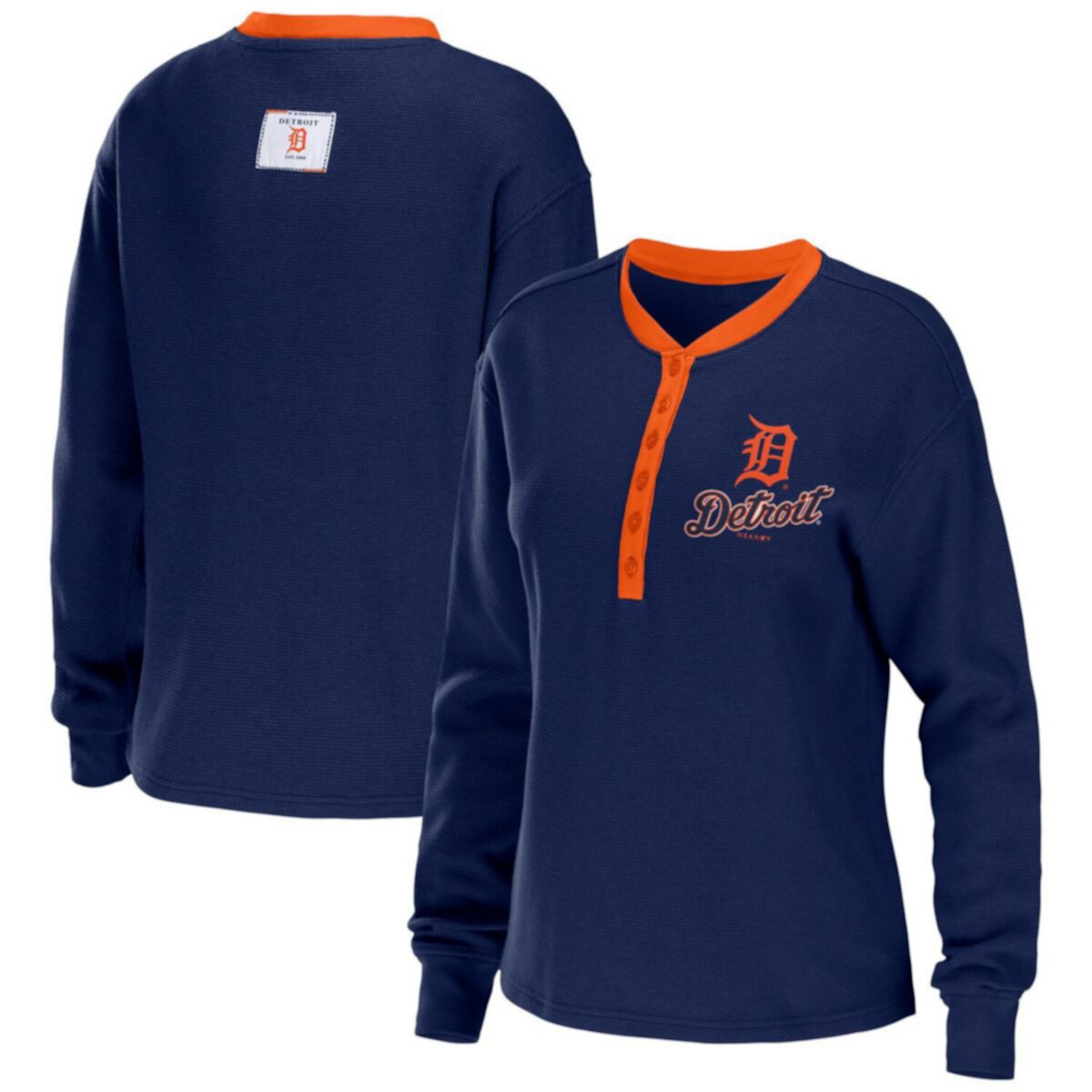 Women's WEAR by Erin Andrews Navy Detroit Tigers Waffle Henley Long Sleeve T-Shirt WEAR by Erin Andrews