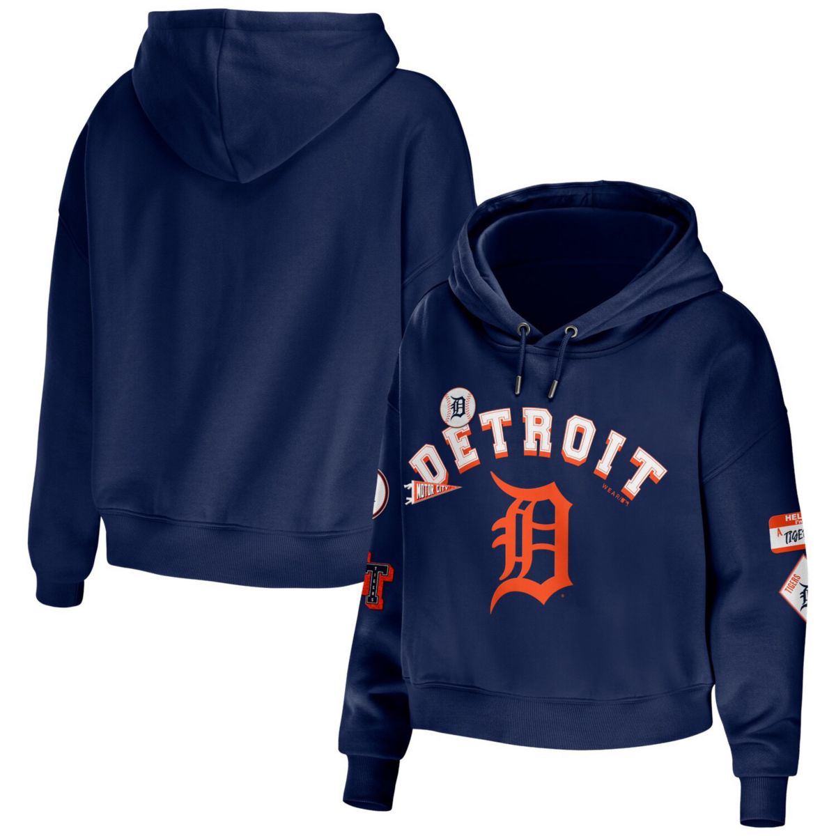 Women's WEAR by Erin Andrews Navy Detroit Tigers Modest Patches Cropped Pullover Hoodie WEAR by Erin Andrews