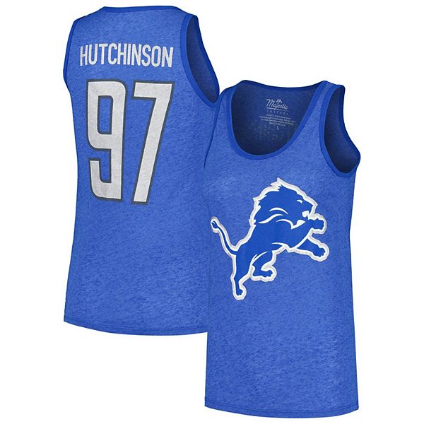 Женская Футболка Majestic Threads Aidan Hutchinson Heather Blue Detroit Lions Name & Number Tri-Blend Majestic Threads