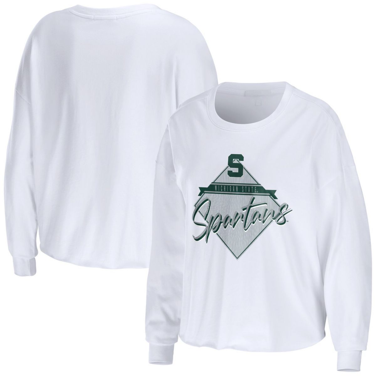 Women's WEAR by Erin Andrews White Michigan State Spartans Diamond Long Sleeve Cropped T-Shirt WEAR by Erin Andrews