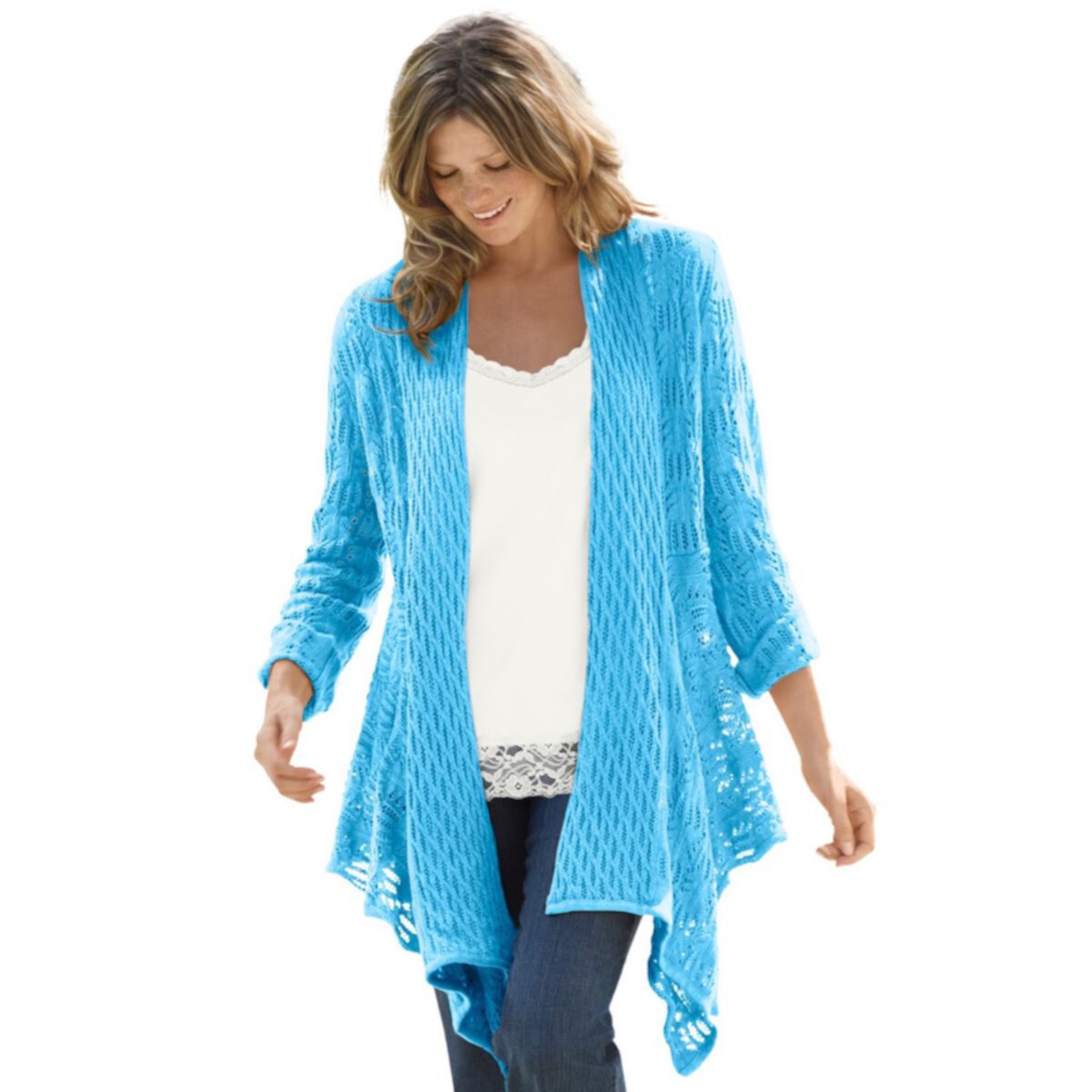 Woman Within Women's Plus Size Open Front Pointelle Cardigan Woman Within