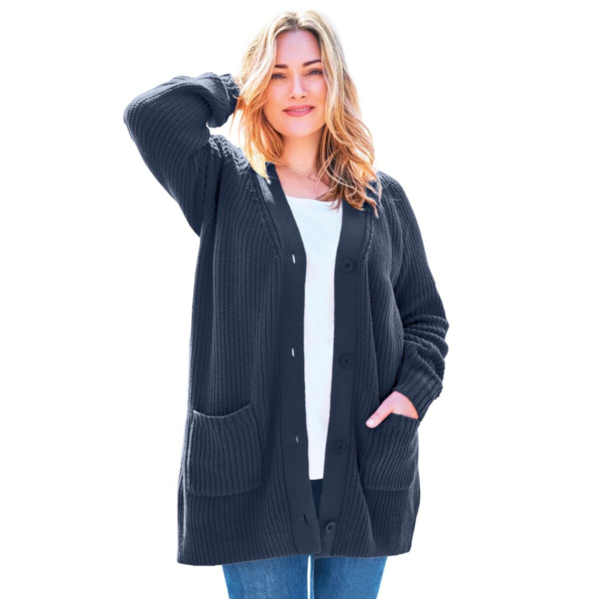 Woman Within Women's Plus Size Button-front Shaker Cardigan Woman Within