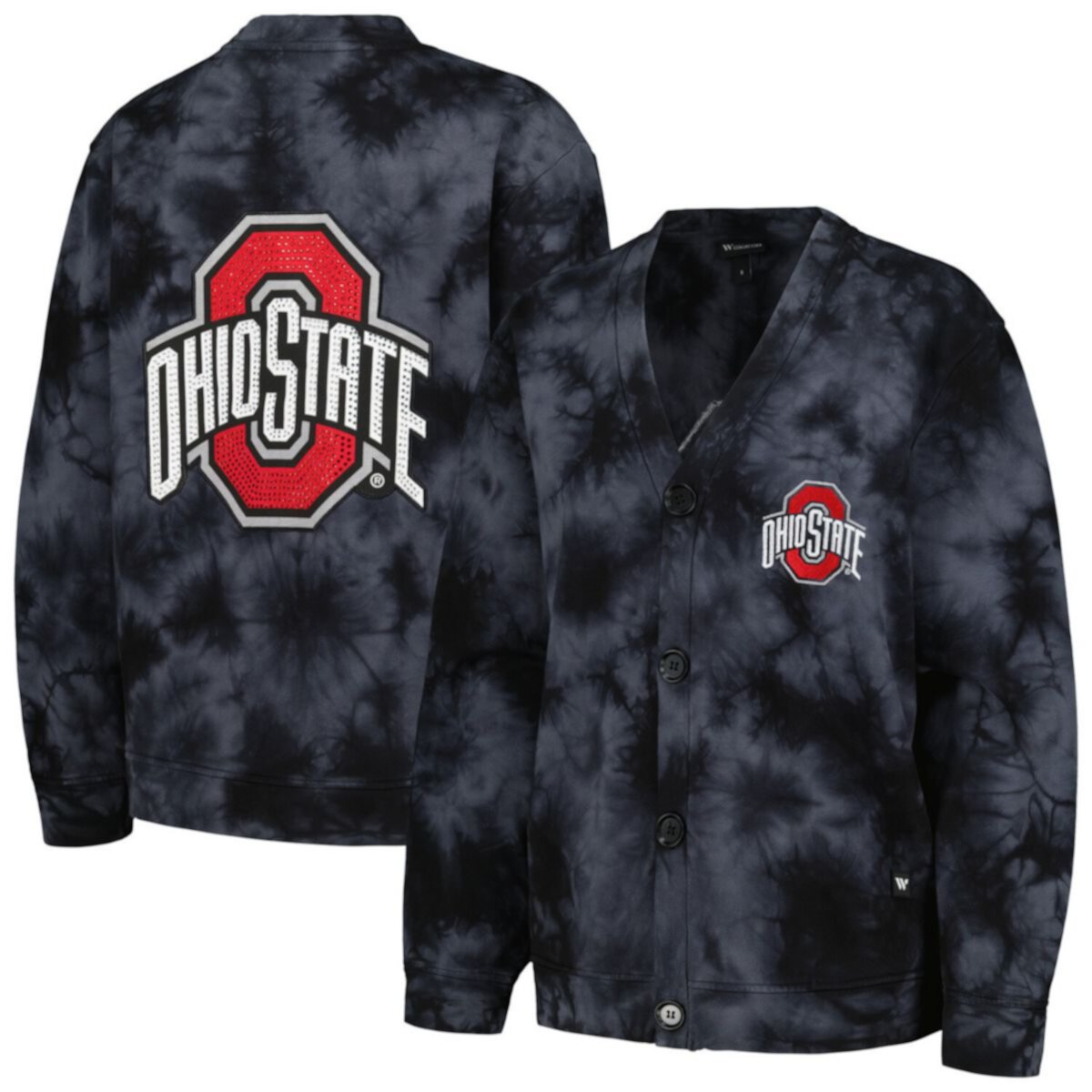 Women's The Wild Collective Black Ohio State Buckeyes Jeweled Tie-Dye Button-Up V-Neck Sweater The Wild Collective