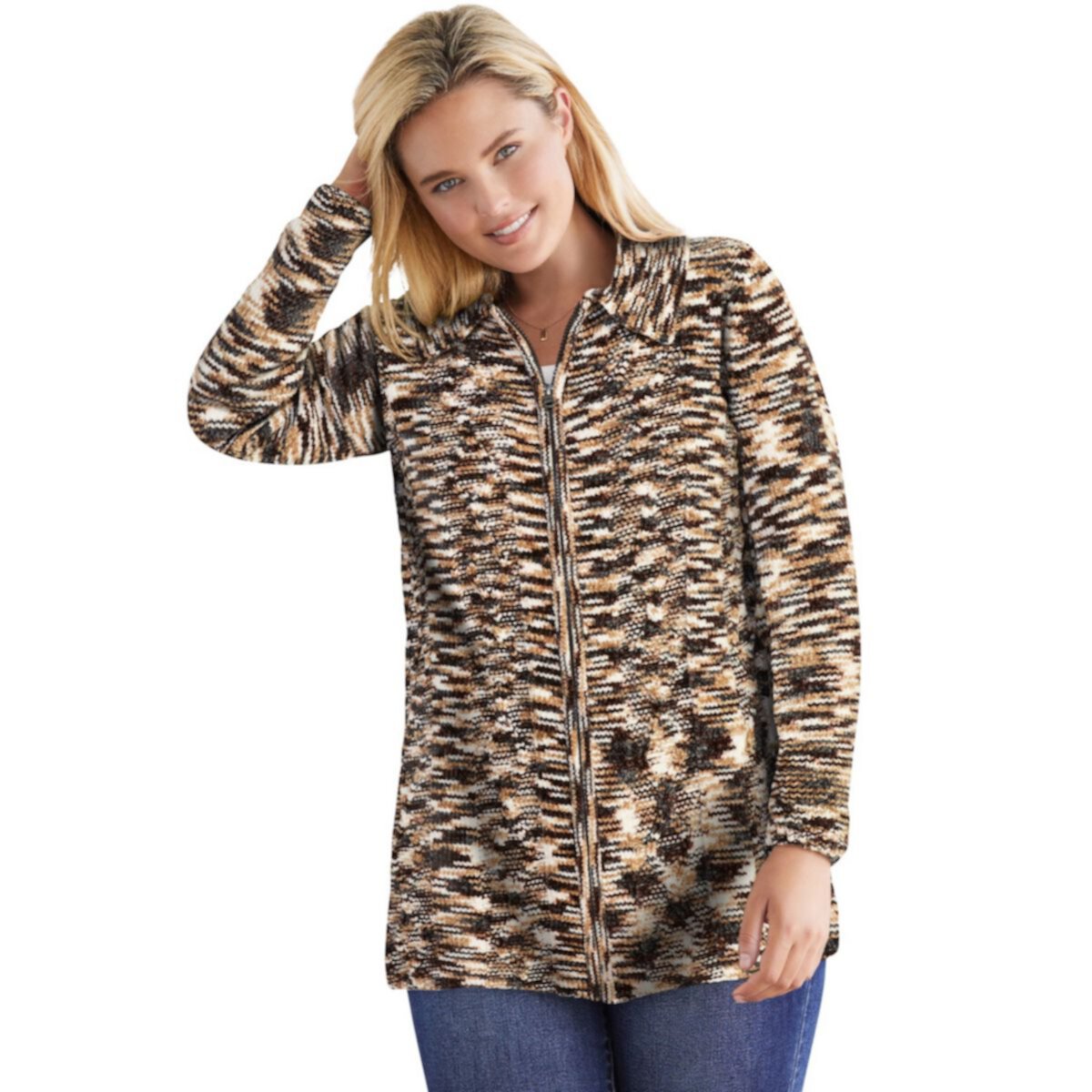 Woman Within Women's Plus Size Chenille Zip Cable Cardigan Woman Within