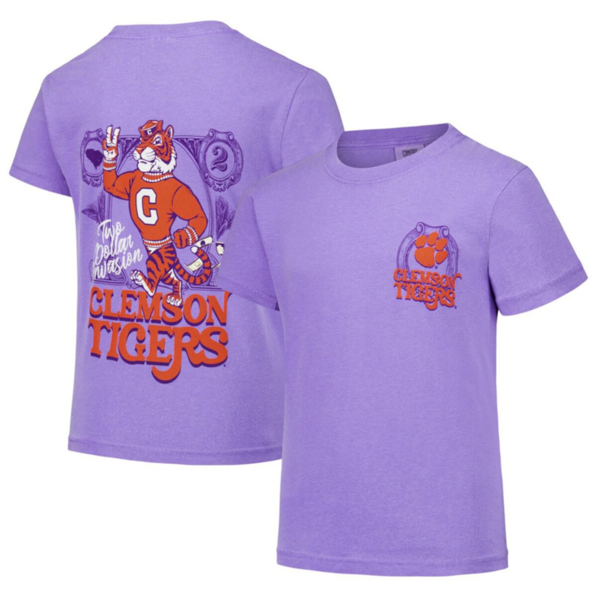 Youth Purple Clemson Tigers Hyperlocal Comfort Colors T-Shirt Image One