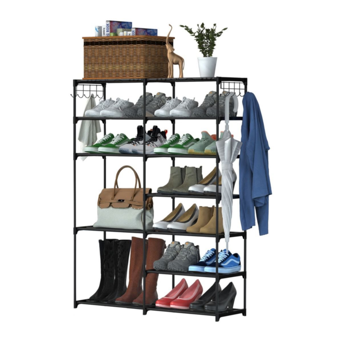 Black, 7 Tiers Plus 5 Tiers Shoe Rack With Hooks Eggracks By Global Phoenix