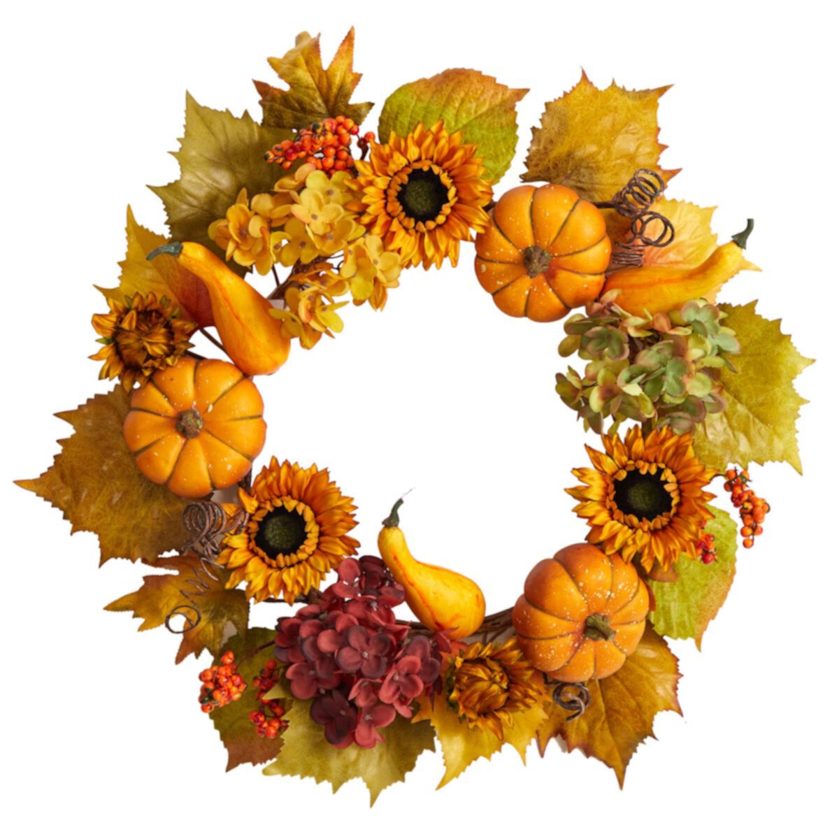 nearly natural 22&#34; Autumn Hydrangea, Pumpkin and Sunflower Artificial Wreath NEARLY NATURAL