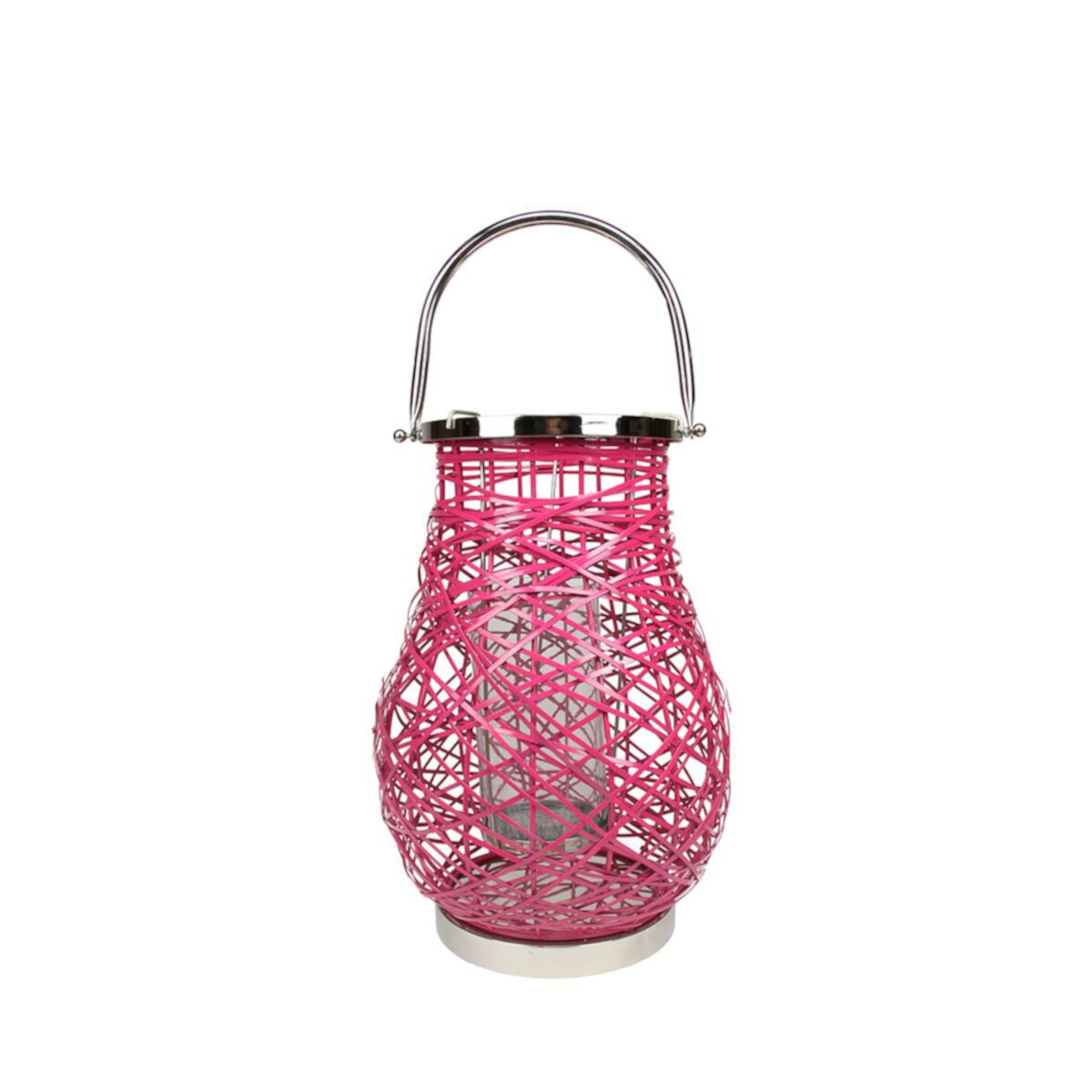 13.5&#34; Modern Fuchsia Pink Decorative Woven Iron Pillar Candle Lantern with Glass Hurricane Christmas Central