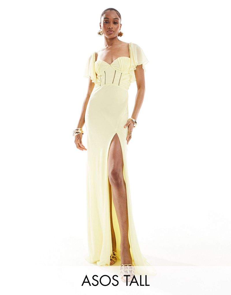 ASOS DESIGN Tall satin corset detail chiffon bias cut maxi dress with flutter sleeve in lemon ASOS Tall
