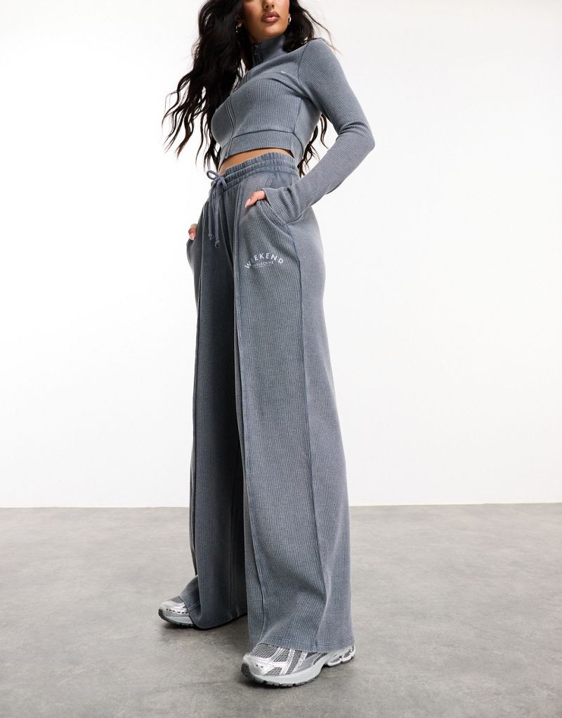 ASOS Weekend Collective waffle wide leg sweatpants with logo in acid washed gray - part of a set ASOS Weekend Collective
