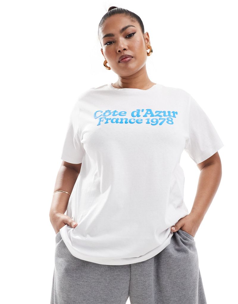 ASOS DESIGN Curve regular fit t-shirt with cote d'azur puff print graphic in white ASOS Curve
