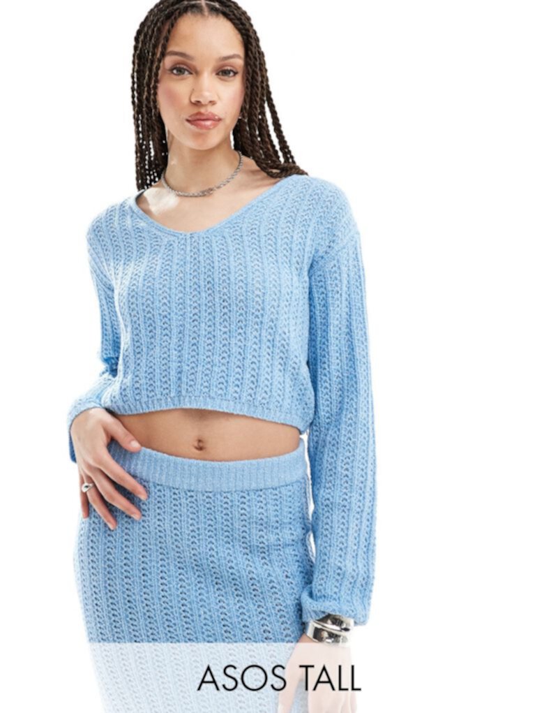 ASOS DESIGN Tall knit V-neck crop sweater in open stitch in blue - part of a set ASOS Tall