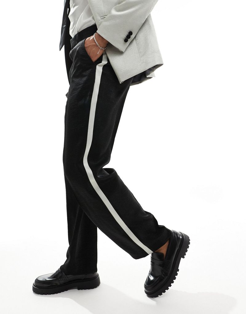ASOS DESIGN wide tuxedo suit pants in black and silver ASOS DESIGN