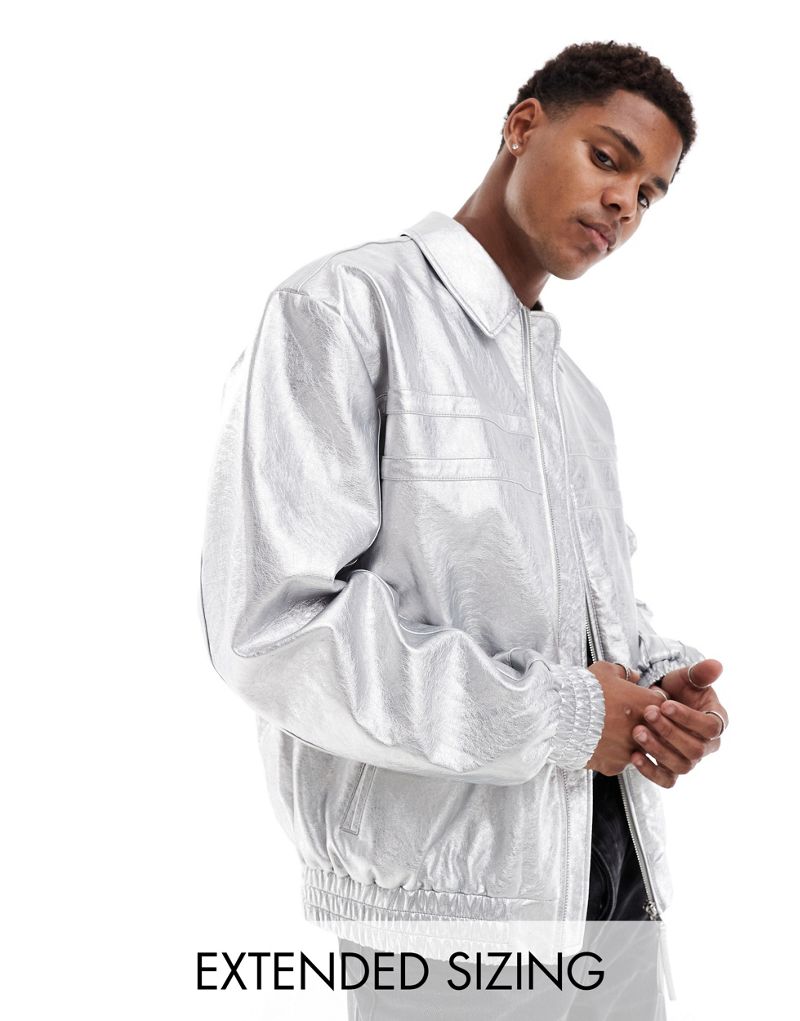 Мужская Куртка ASOS DESIGN Harrington из искуственной кожи в серебряном цвете ASOS DESIGN