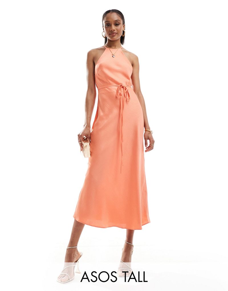 ASOS DESIGN Tall halter racer maxi dress with tie waist and cut out sides in coral ASOS Tall