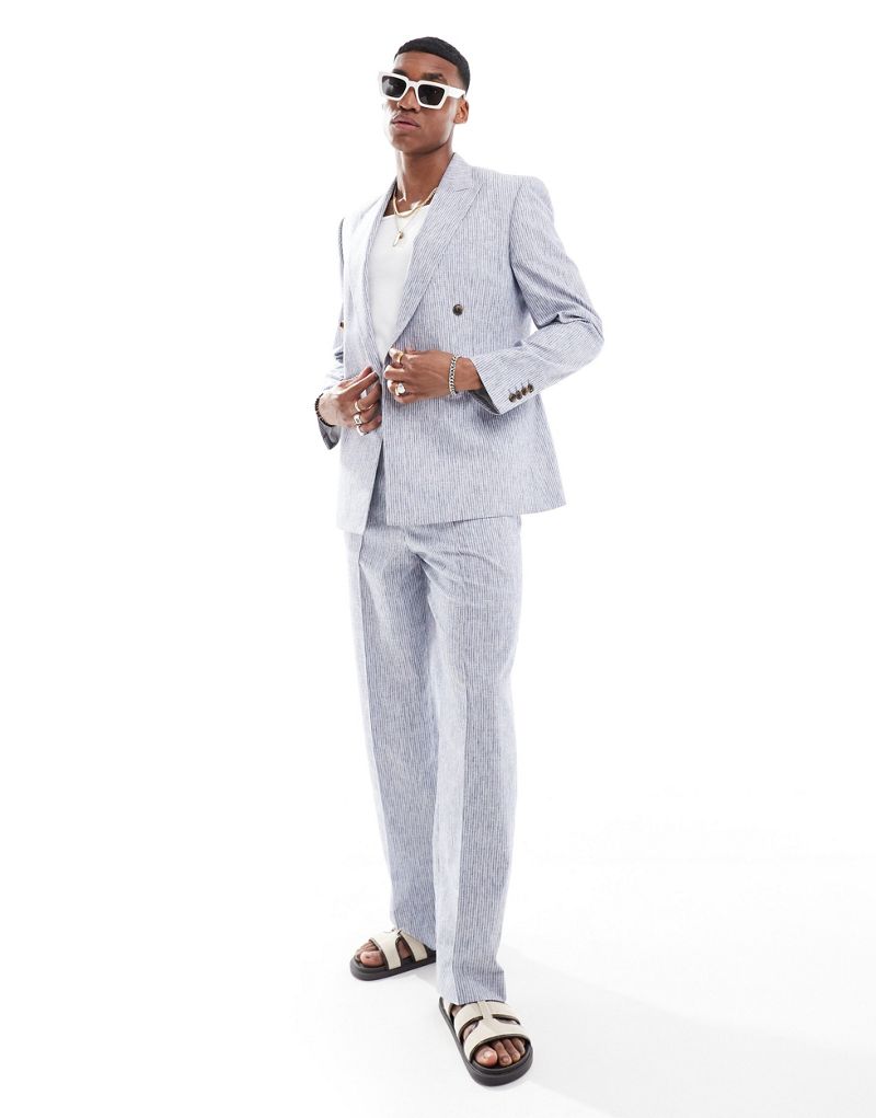 ASOS DESIGN linen look wide suit pants in blue stripe ASOS DESIGN