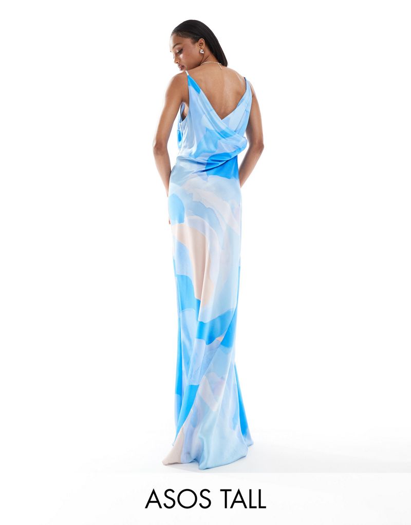 ASOS DESIGN Tall satin square neck maxi dress with cowl back detail in blue abstract print ASOS Tall